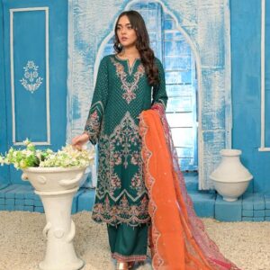 Women’s Green Embroidered Kurta Set with Orange Dupatta